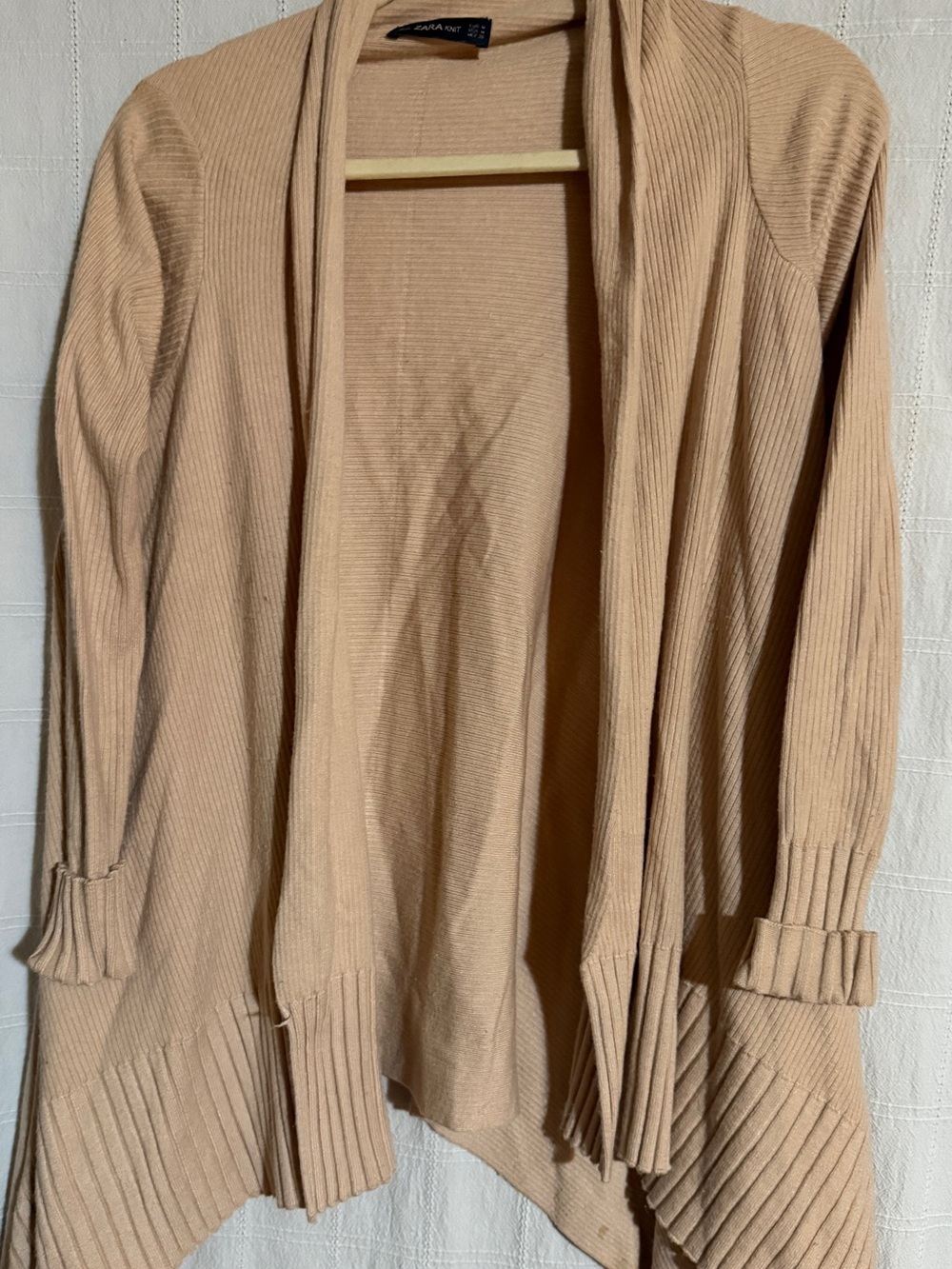 ZARA Ribbed Open-Front Cardigan in Light Beige